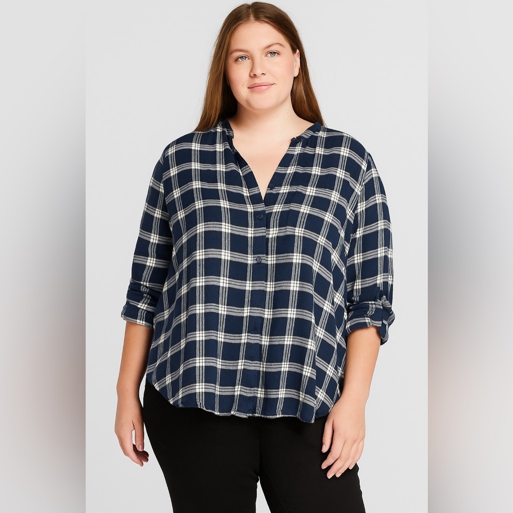 Lands End Plaid Flannel Tunic Top Women Blue Green Button Front Pockets
